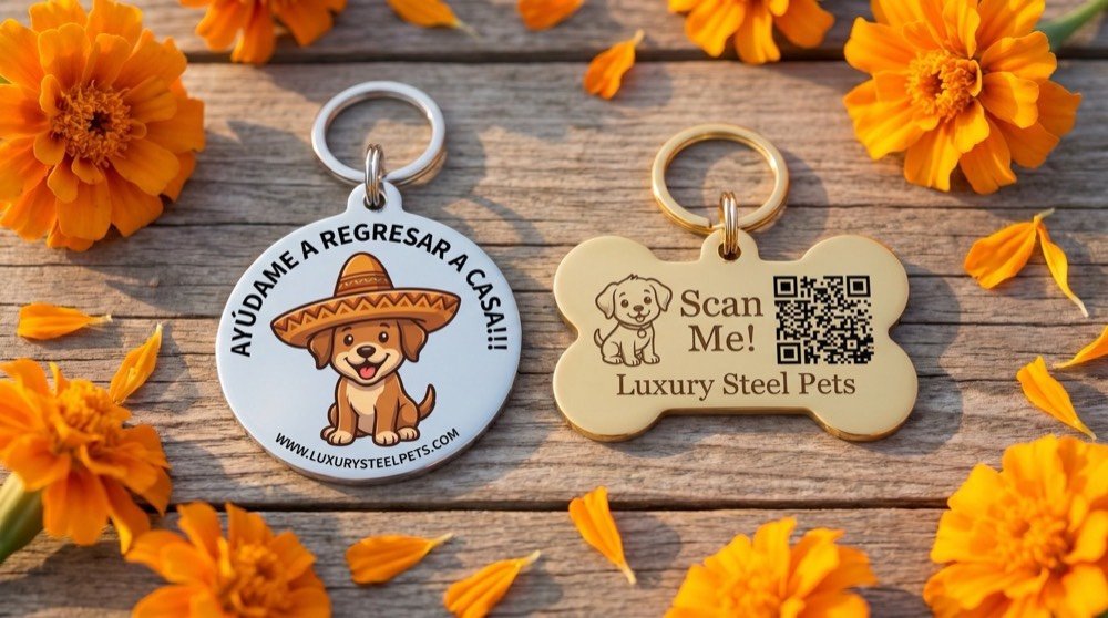 Dos plaquitas inteligentes de acero de Luxury Steel Pets —una redonda que dice ‘Ayúdame a regresar a casa’ y una en forma de hueso con código QR— sobre madera y flores de cempasúchil