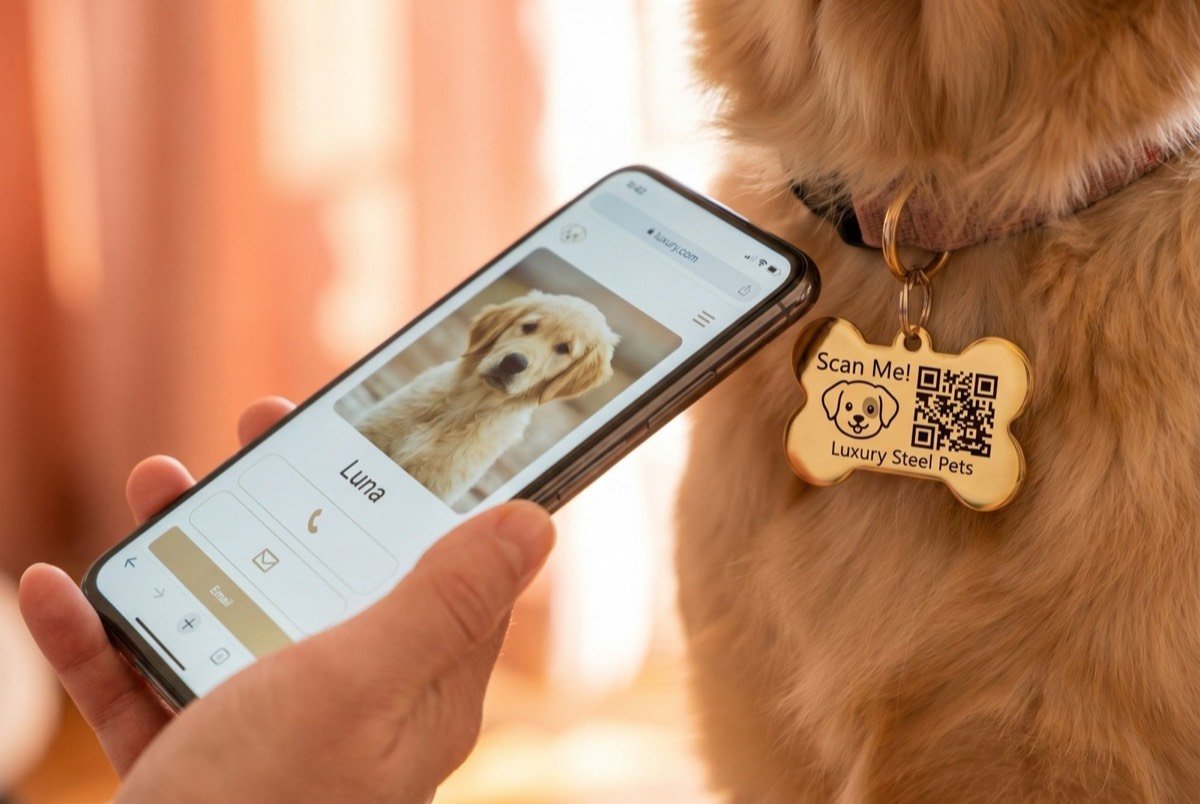 Una persona acerca su teléfono a la plaquita de acero de su perro y en la pantalla se abre el perfil digital de la mascota, ‘Luna’, con su foto y botones de contacto